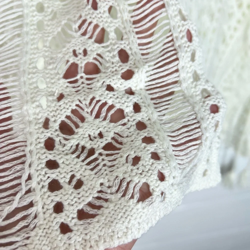 Crochet cotton cover up Ivory, one size lace up sides tassels‎ boho